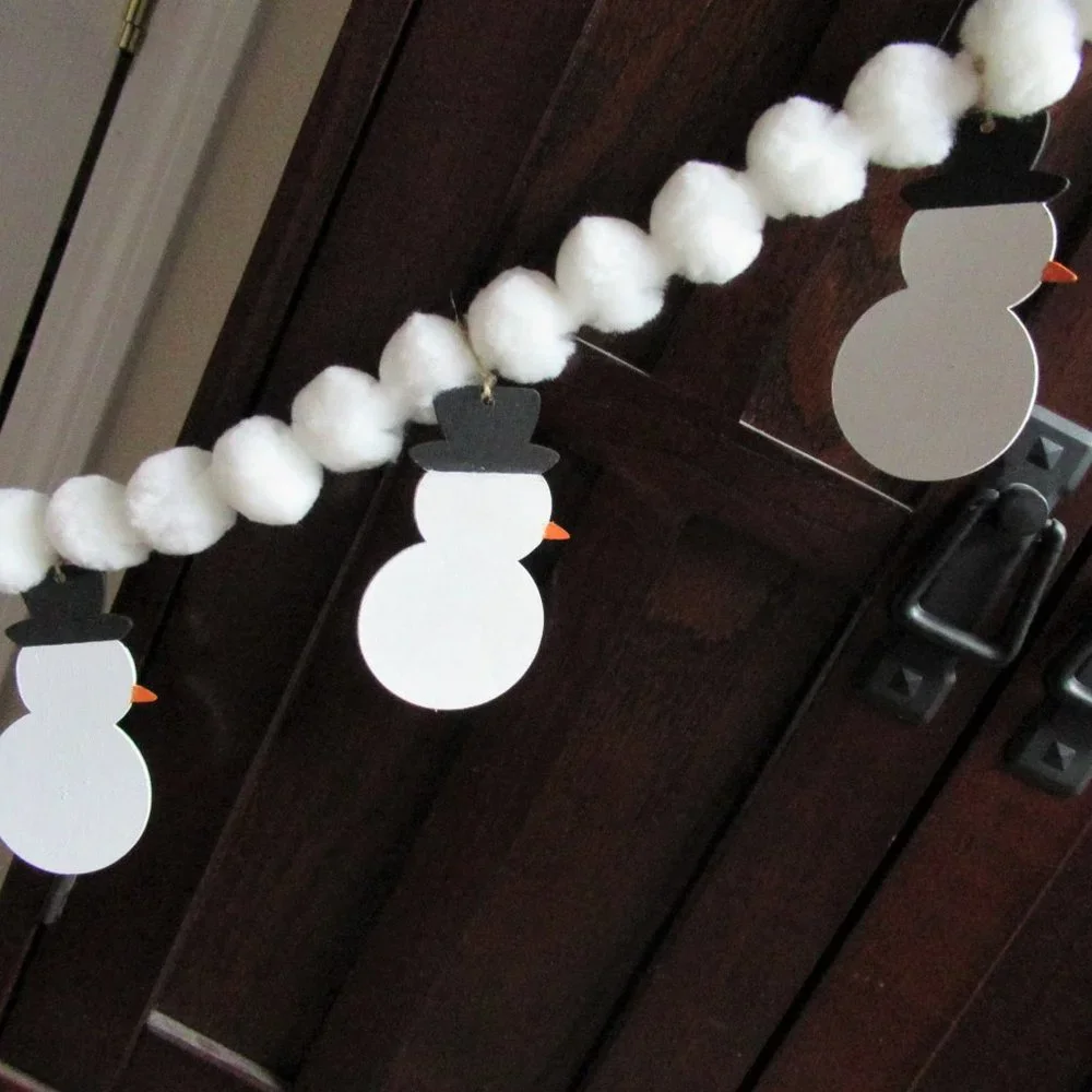 NEW Farmhouse Christmas snowman snowmen white pom pom garland 54